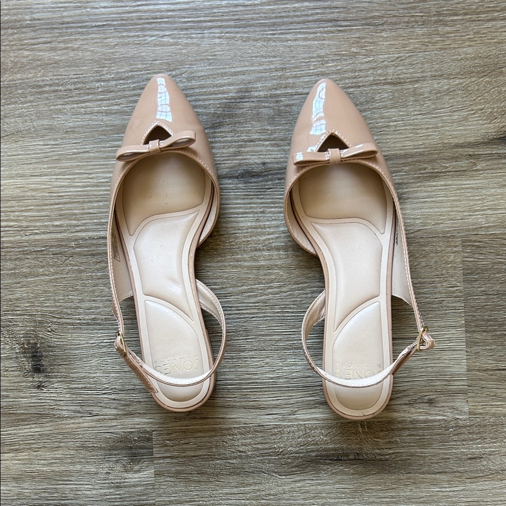 Nude Patent Slingback Pointed-Toe Flats with Bow